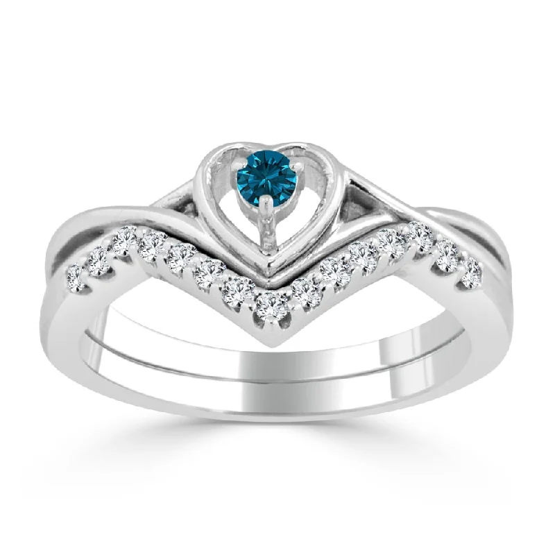 silver wedding bands with diamonds for women-Auriya 1/4ctw Blue Diamond Accent Heart Engagement Ring Set 14k Gold