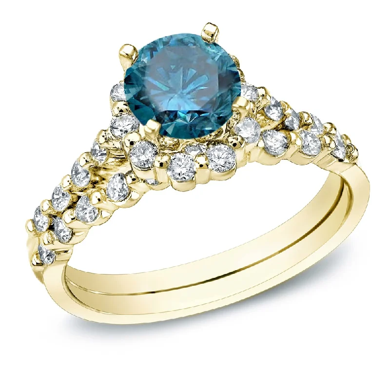 engagement rings for women with opal gemstones-Auriya 14k Gold 1ct TDW Round Blue Diamond Halo Engagement Ring Set