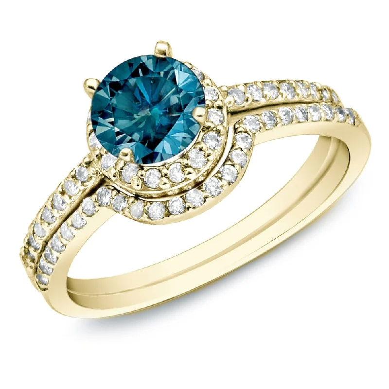 custom rings for couples with diamonds and sapphires-Auriya 14k Gold 1ctw Halo Blue Diamond Engagement Ring Set