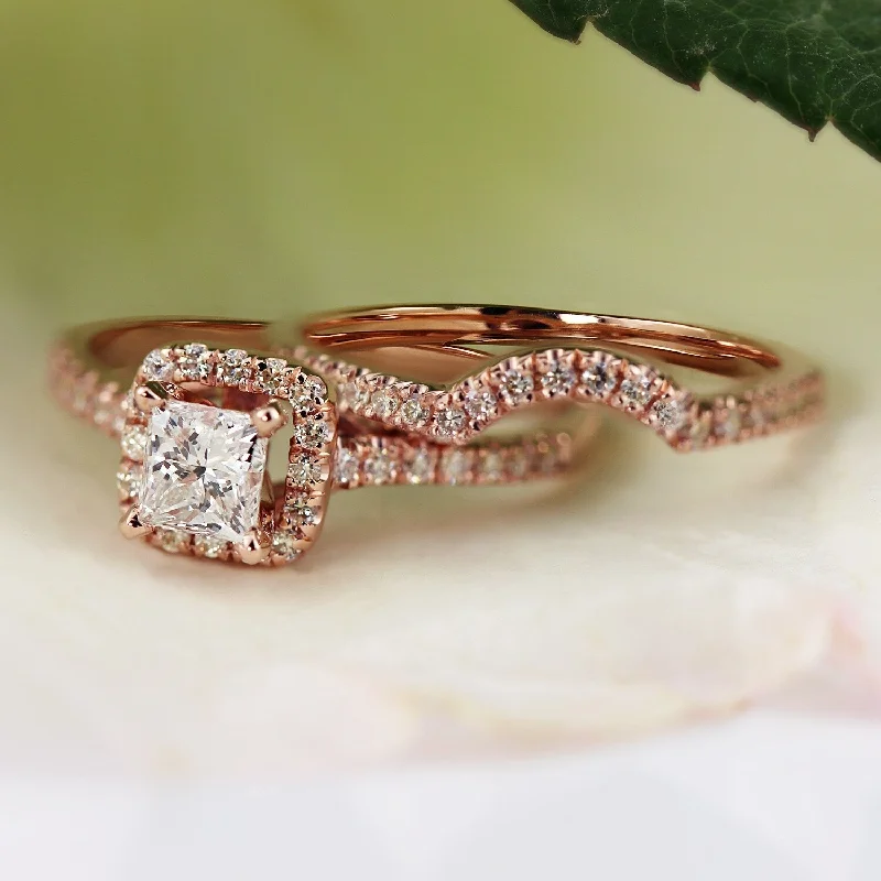 engagement rings with rubies and diamonds for men-Auriya 14k Rose Gold 1 1/5ctw Princess-cut Halo Diamond Engagement Ring Set