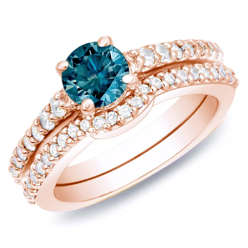 wedding rings with diamonds and emeralds for women-Auriya 14k Rose Gold 1ct TW Round Blue Diamond Engagement Ring Set