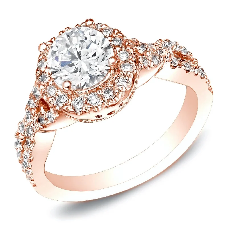 custom gold wedding bands for women with diamonds-Auriya 14k Rose Gold 1ctw Twisted Round Halo Diamond Engagement Ring