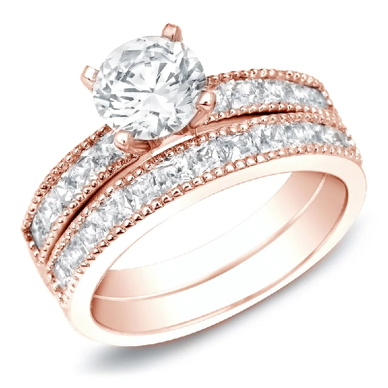 silver rings with sapphires for engagement-Auriya 14k Rose Gold 2ctw Round Diamond Engagement Ring Set Certified