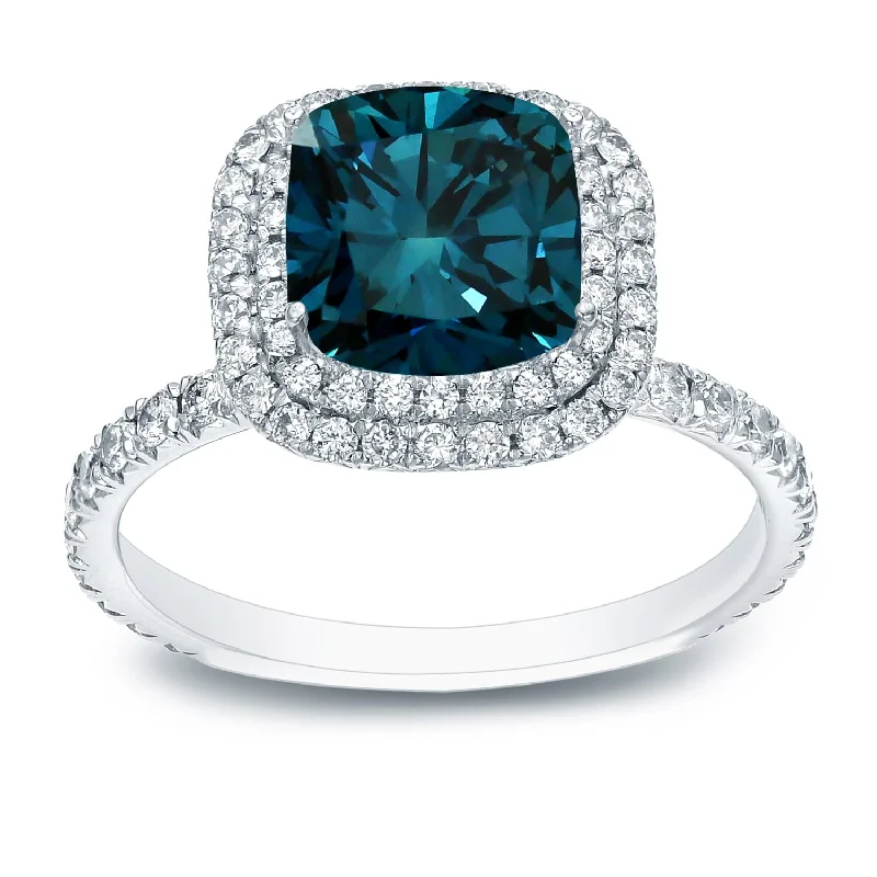 silver engagement rings with birthstones-Auriya 18k Gold 3 carat TW Cushion-cut Halo Blue Diamond Engagement Ring