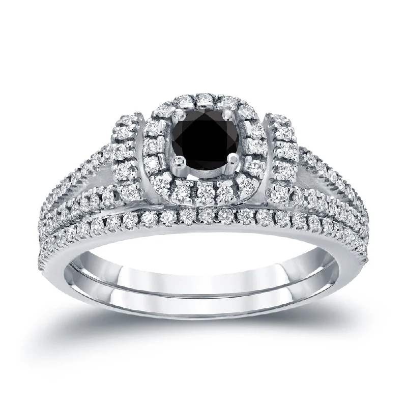 classic engagement rings with diamonds and emeralds-Auriya Modern 3/4ctw Round Halo Black Diamond Engagement Ring Set 14kt Gold