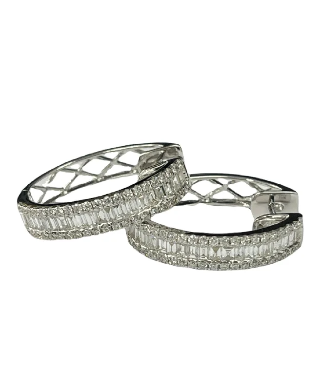 chic gold hoop earrings for everyday wear -Baguettes Cluster Hoop Diamond Earrings White Gold 18kt