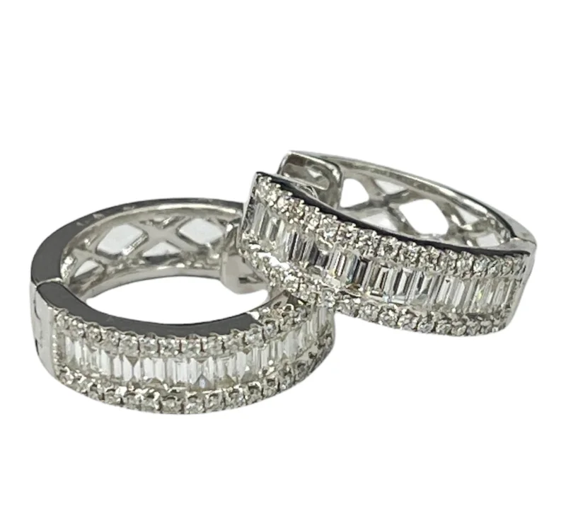 chic silver hoop earrings for everyday elegance -Baguettes Diamond Huggie Hoop Earrings White Gold 18kt