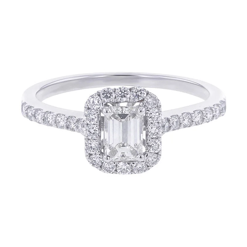 affordable silver engagement rings for women with rubies-Carly Emerald Cut Halo 3/4ct Ready for Love Diamond Engagement Ring