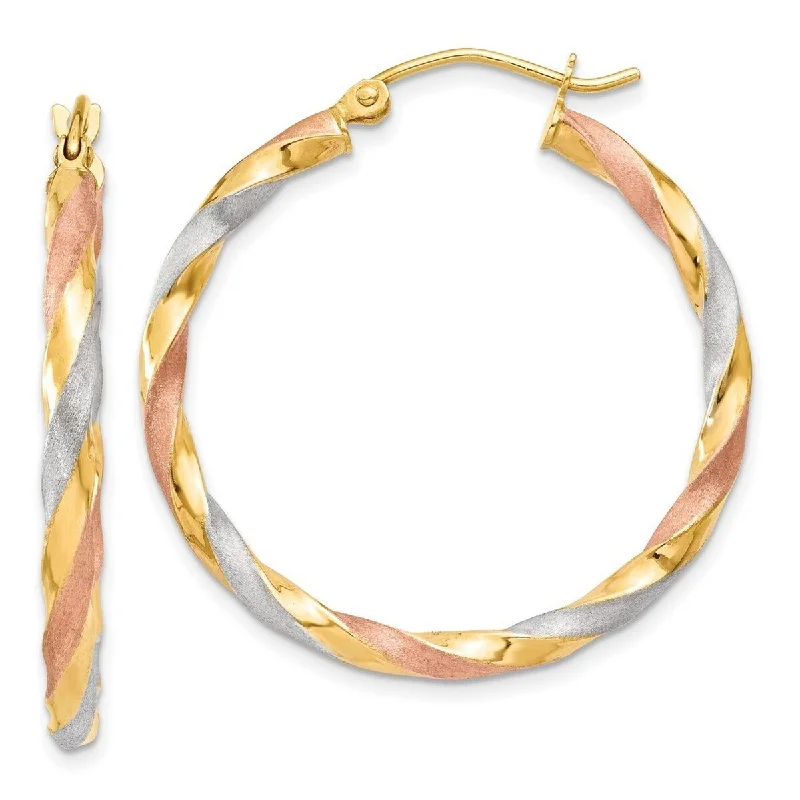 trendy statement earrings for a fashion-forward look -Curata 14k Tri Color Gold Satin Twisted Hoop Earrings - 34x3mm