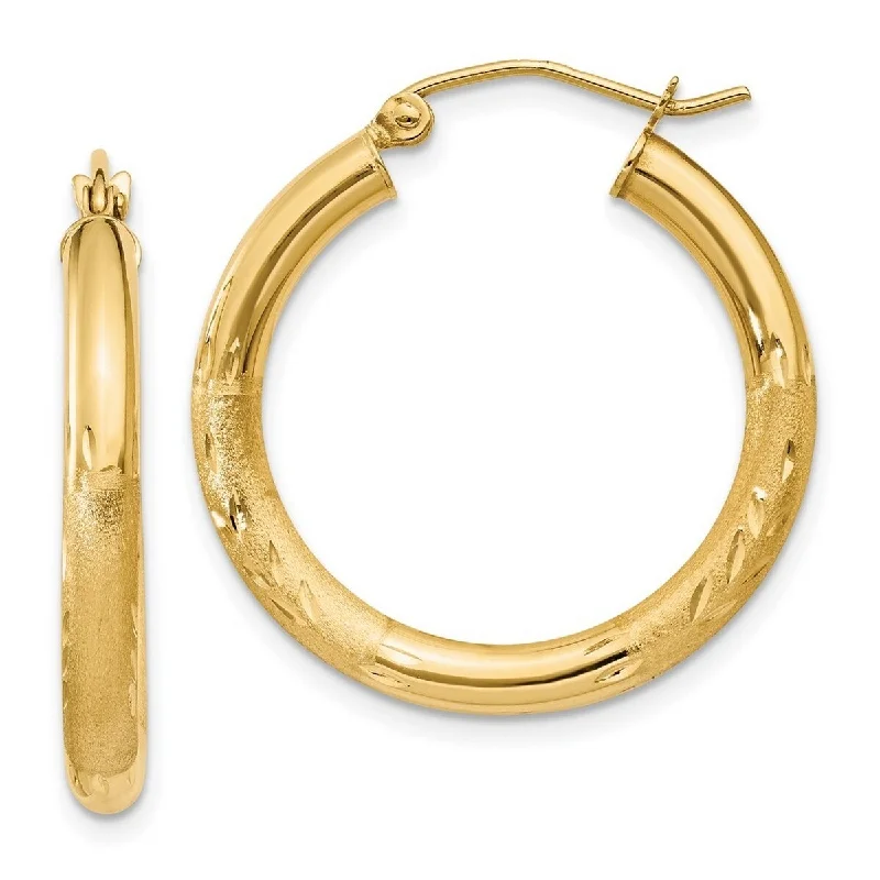 elegant resin earrings for everyday chic -Curata 14k Yellow Gold Satin and Sparkle Cut 25x3mm Round Hoop Earrings