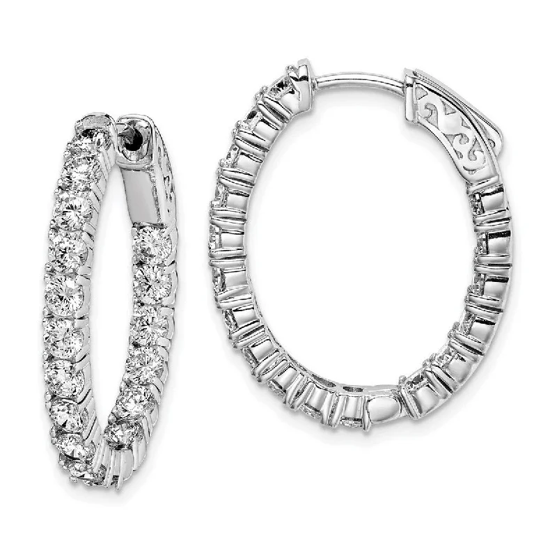 sparkling rhinestone earrings for a festive touch -Curata 925 Sterling Silver Polished Hinged hoop Safety clasp Rhodium Plated With CZ Cubic Zirconia Simulated Diamond Hinged Oval