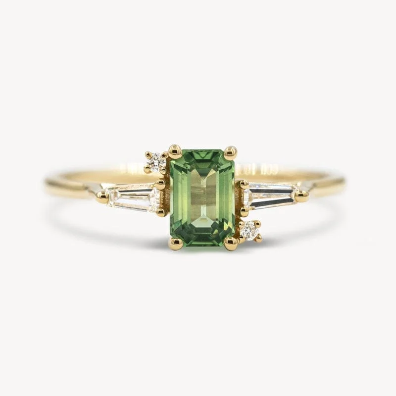 trendy engagement rings for men with sapphires-Emerald Cut Geo Green Sapphire and Diamond Ring