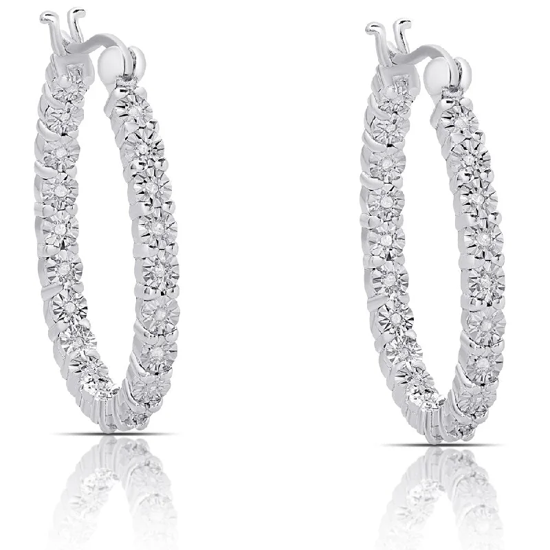 glamorous rhinestone drop earrings for a touch of sparkle -Finesque Sterling Silver .20ct TDW Diamond Miracle Plate Hoop Earrings (I-J, I2-I3)