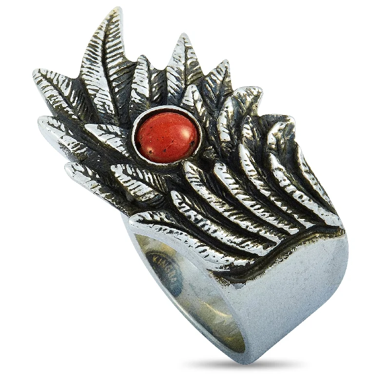 affordable gold engagement rings for men-King Baby Raven Wing Sterling Silver and Coral Cabochon Ring