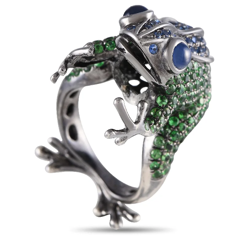 gold wedding bands with diamonds for women-LB Exclusive 18K White Gold Tsavorite and Sapphire Frog Ring #3843