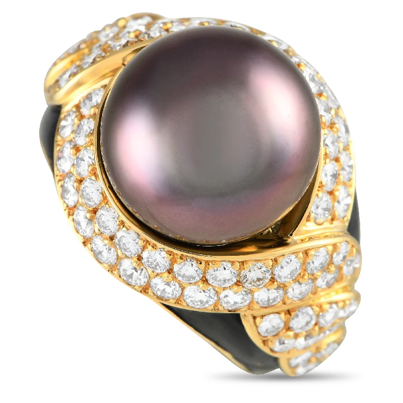 silver engagement rings for women with sapphires for weddings-LB Exclusive 18K Yellow Gold 1.64ct Diamond and Tahitian Pearl Statement Ring MF30-021324