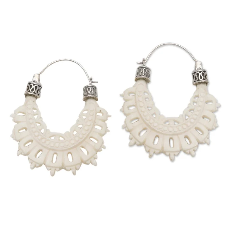 vintage gemstone drop earrings for timeless style -NOVICA Semarapura Lace, Bone and sterling silver hoop earrings - 2*0.2