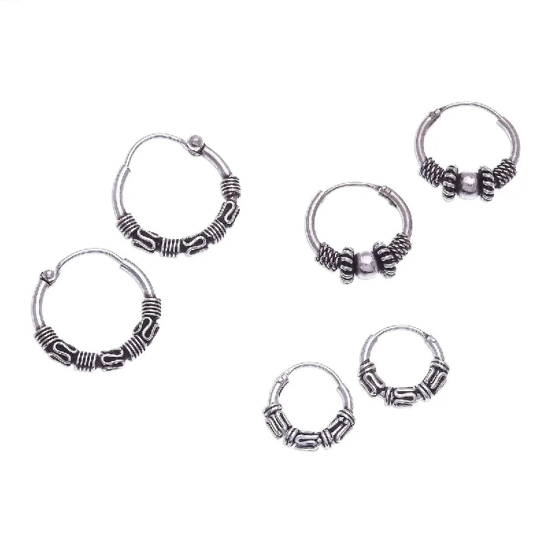 oversized silver hoop earrings for a bold effect -NOVICA Thai Intricacy, Sterling silver hoop earrings (set of 3) - 0.6*0.6