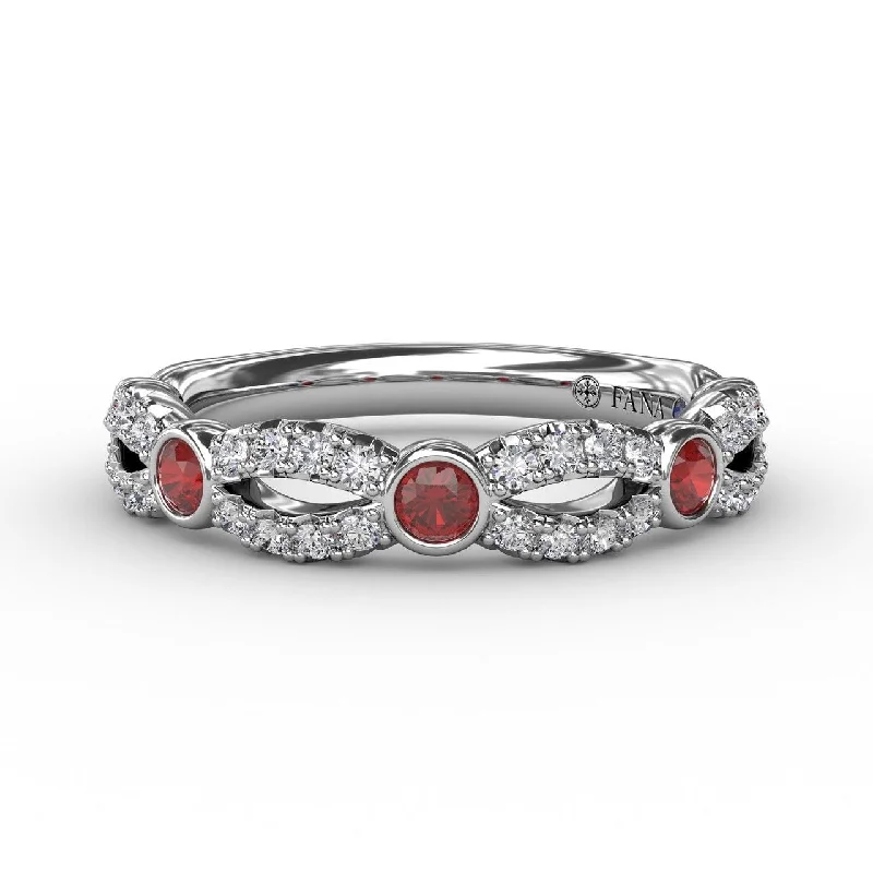 silver rings for engagement with sapphires for men-Scalloped Ring with Diamonds and Rubies