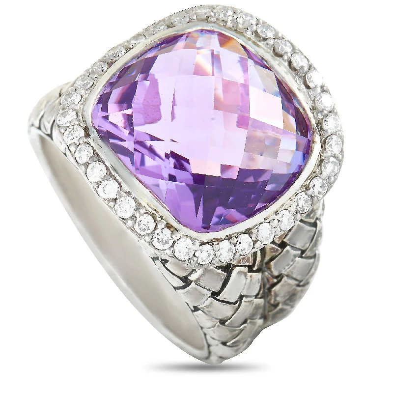 silver wedding bands for women with emerald stones-Scott Kay Sterling Silver Diamond and Amethyst Dome Ring