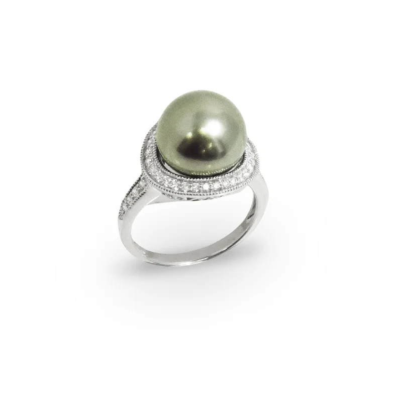 wedding bands with diamonds for women-Tahitian Pearl and Diamond Ring