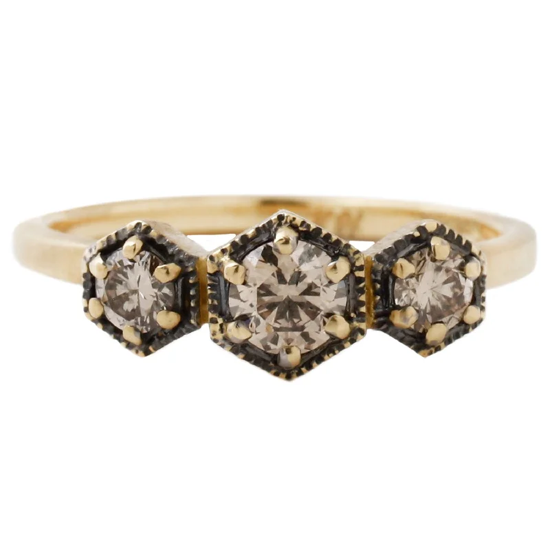 vintage diamond rings for engagement-Triple Brown Diamond Hexagon Ring