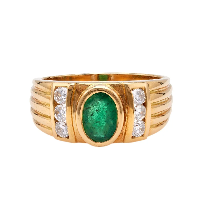 simple gold rings with diamonds for men-Vintage French Emerald and Diamond 18k Yellow Gold Ring