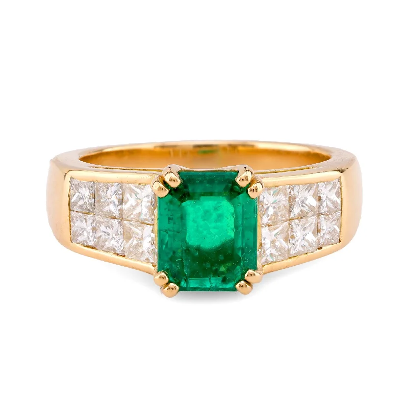 gold wedding bands with diamonds for men-Vintage French GIA 1.25 Carat Colombian Emerald Diamond 18K Yellow Gold Ring