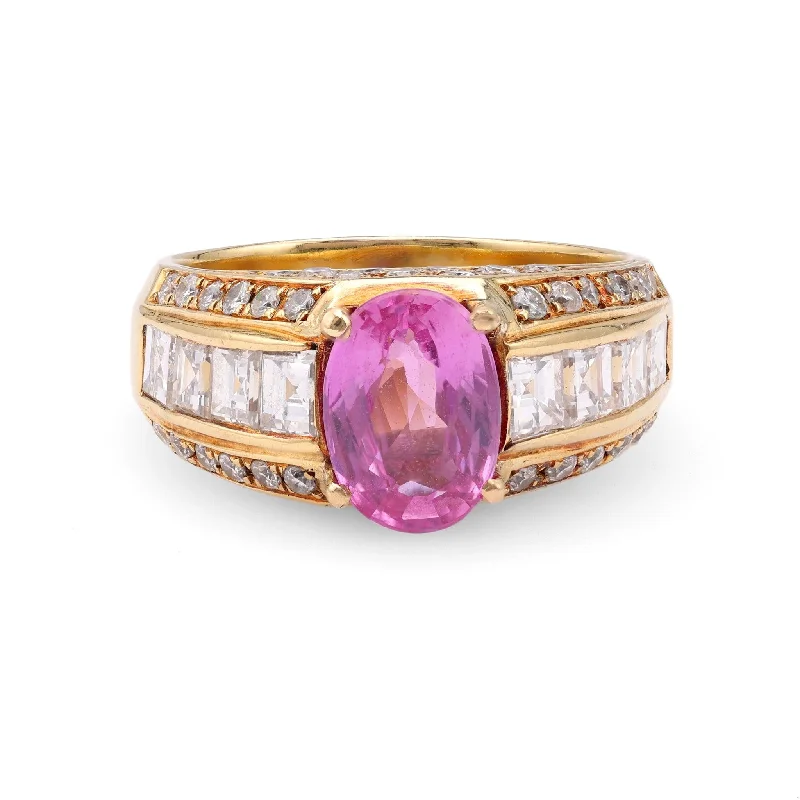 silver wedding bands with diamonds for women-Vintage GIA 1.94 Carat Madagascan Purplish Pink Sapphire Diamond 18k Yellow Gold