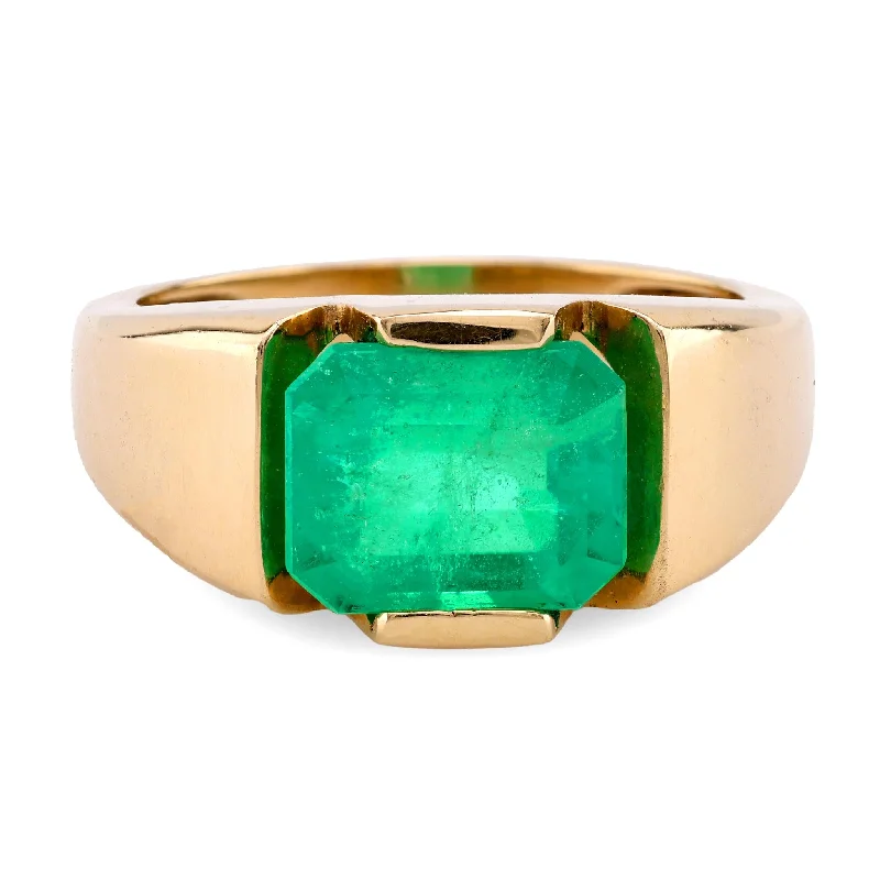 vintage rings with diamonds and emeralds-Vintage GIA 3.5 Carat Octagonal Cut Emerald 14K Yellow Gold Bezel Ring