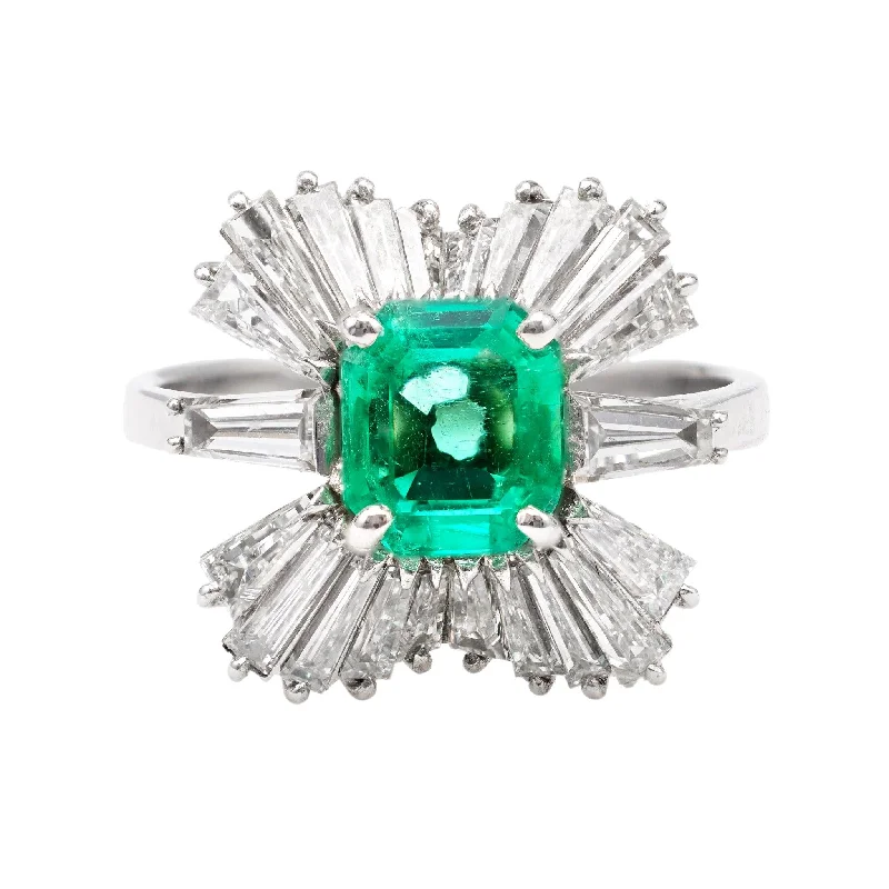 men’s wedding rings with unique designs and diamonds-Vintage GIA Colombian Emerald Diamond Platinum Ballerina Cocktail Ring