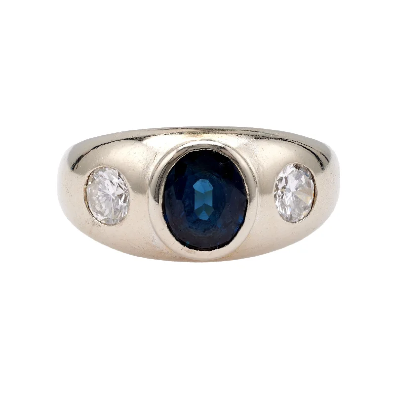 silver engagement rings with birthstones-Vintage Sapphire and Diamond 14k White Gold Three Stone Ring