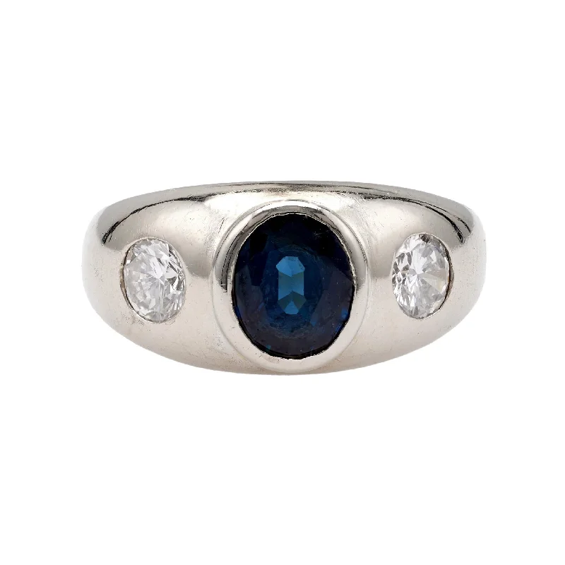 engagement rings with sapphires for men with diamonds-Vintage Sapphire and Diamond 14k White Gold Three Stone Ring