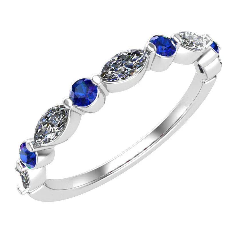 custom gold rings with sapphires and diamonds-Blue Sapphire and Diamond Marquise Stackable Ring