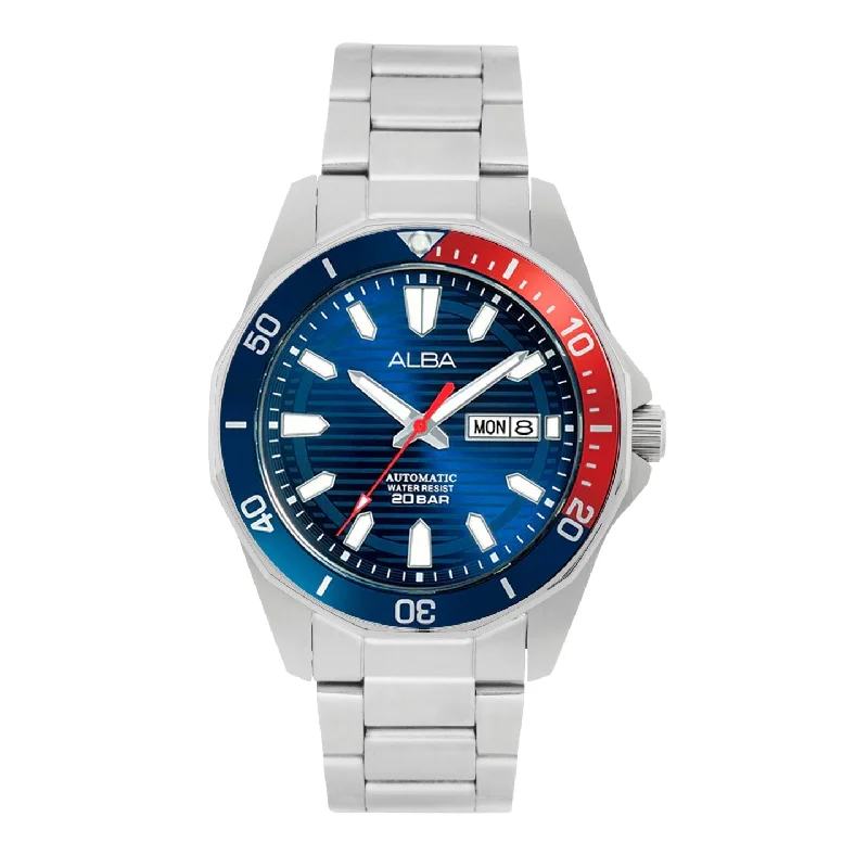 luxury watches for men with multi-function chronograph and date feature -Alba AL4455X1 Azure Dial Mechanical With Blue+Red Rotating Bezel