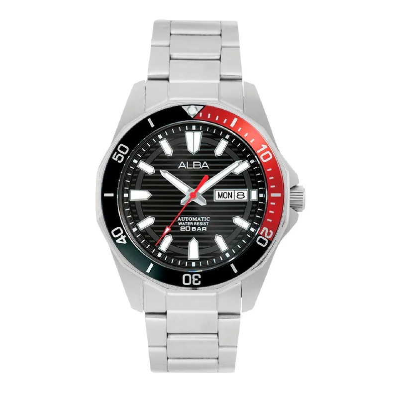 women’s watches with stainless steel bands and minimalist style -Alba AL4457X1 Noir Dial With Black + Red Rotating Bezel Mechanical