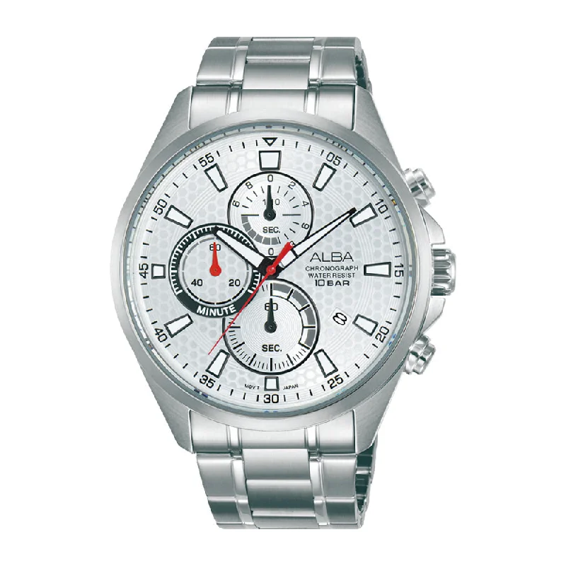 titanium sport watches for men with lightweight design and eco-friendly features -Alba AM3877X1 Silver White Pattered Dial Chronograph