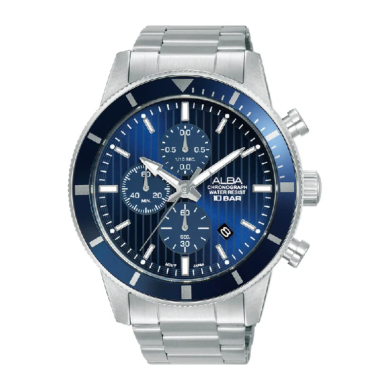 digital watches for men with pedometer, heart rate, and GPS functions -Alba AM3955X1 Blue Patterned Dial Chronograph