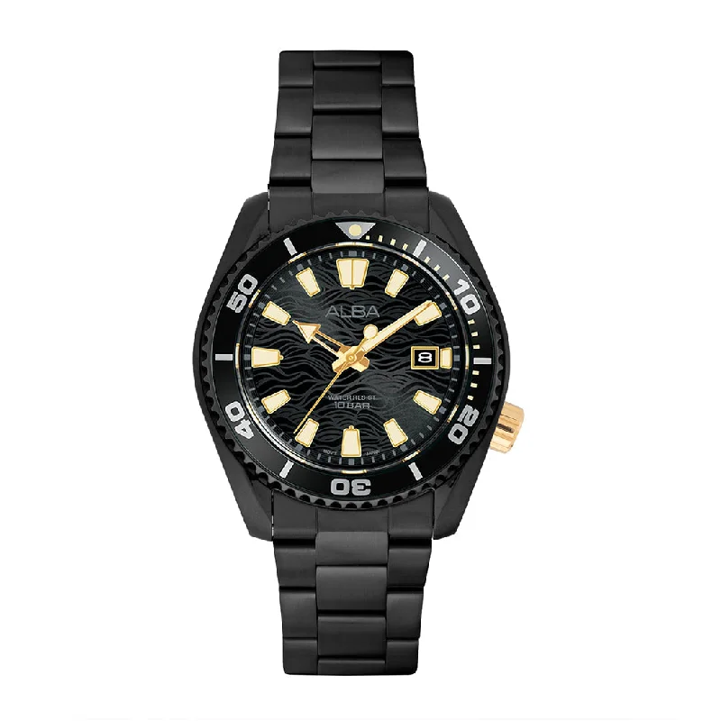 men’s watches with leather straps and chronograph complication -Alba AS9R63X1 Black Surf Dial Water Resistant