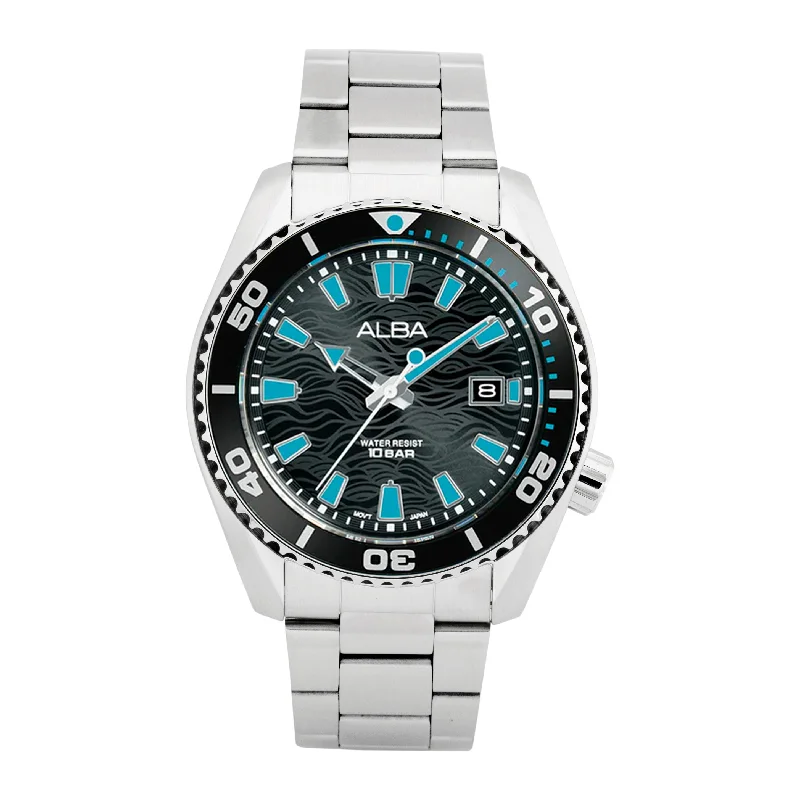 titanium watches for men with water resistance and high durability -Alba AS9R71X1 Black Surf Dial With Black+Blue Rotating Bezel Water Resistant