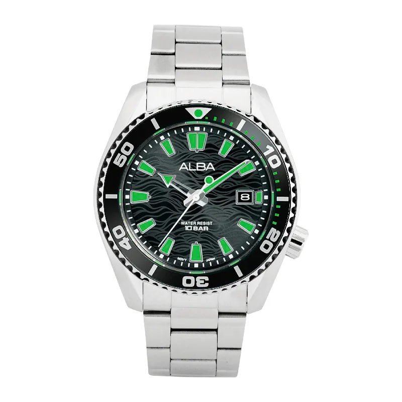 women’s watches with adjustable straps and luxury designs -Alba AS9R75X1 Black Surf Dial With Black+Green Rotating Bezel Water Resistant