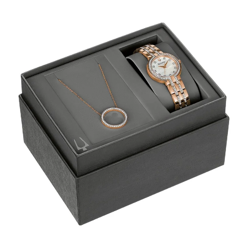 women’s watches with modern dials and classic leather bands -Bulova Crystal Box Set with 30MM Mother of Pearl Dial in Rosetone Stainless Steel. 98X135