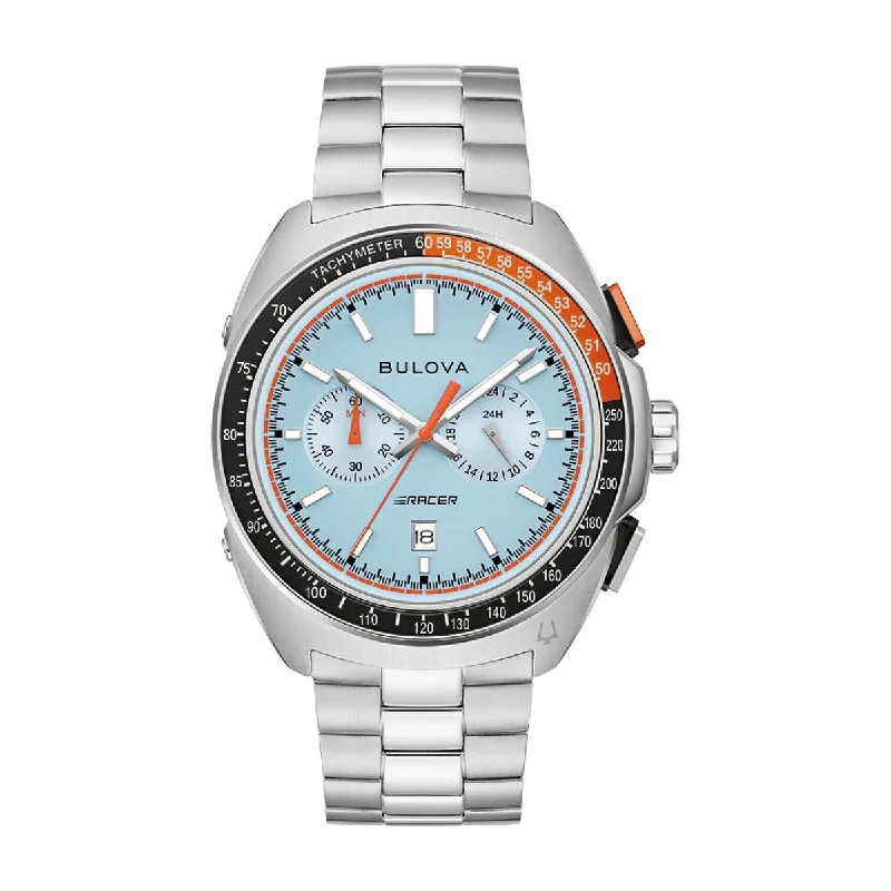 solar-powered sport watches for women with eco-friendly features -Bulova Racer Chronograph with 42MM Light Blue Dial and Stainless Steel Watch Band. 98B432