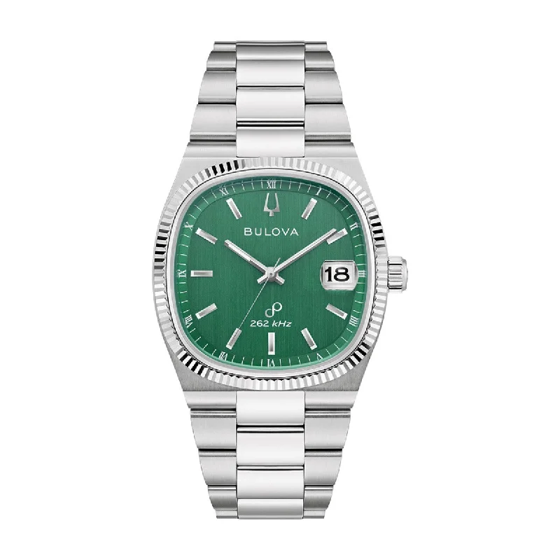 smartwatches for men with advanced fitness tracking and GPS -Bulova Super Seville with 38MM Green Cushion Shaped Dial and Stainless Steel Band. 96B439