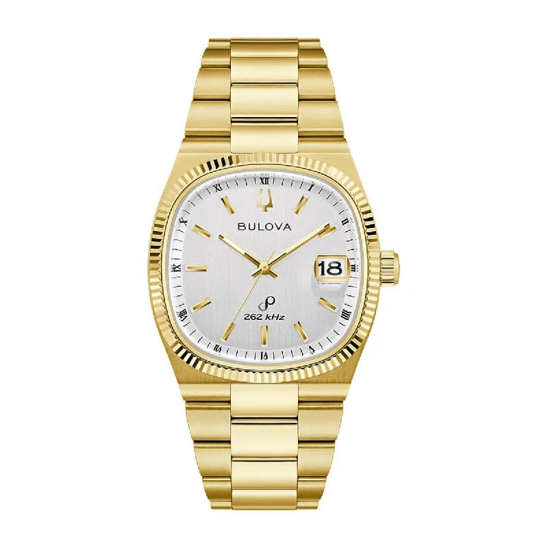 watches for women with sleek stainless steel bands and elegant dials -Bulova Super Seville with 38MM Silver-White Cushion Shaped Dial and Goldtone Stainless Steel Band. 97B223