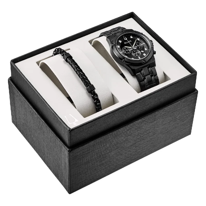 watches for women with stainless steel mesh and crystal-studded dials -Bulova with 42MM Round Black Diamond Dial and Stainless Steel Band Box Set. 98K105