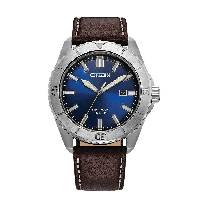 women’s watches with gemstone accents and luxurious leather bands -Citizen Brycen Super Titanium Watch with 41MM Blue Dial and Brown Leather Strap. AW1840-09L