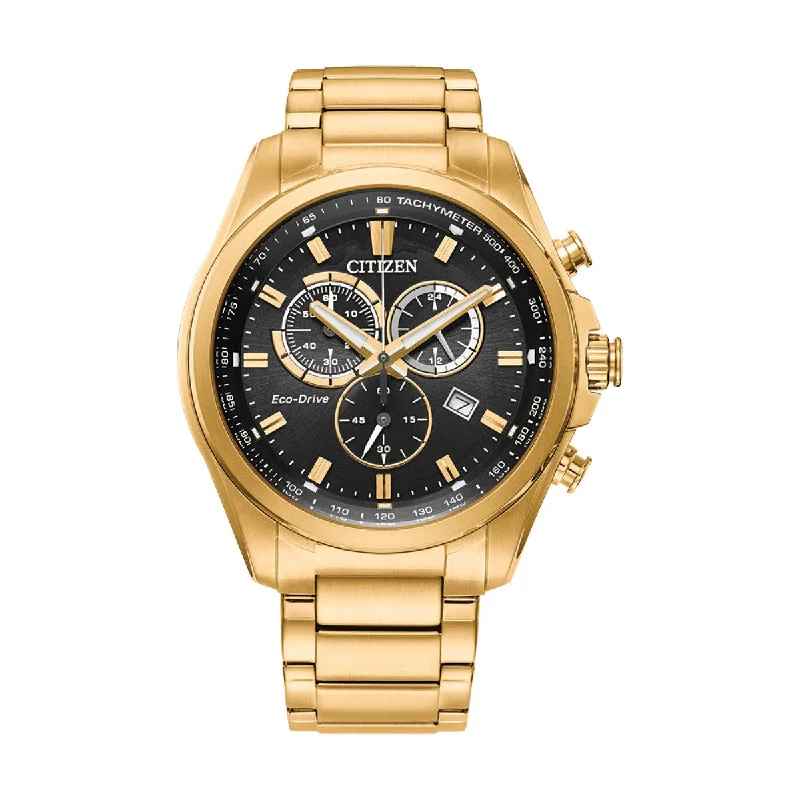 solar-powered watches for women with elegant, eco-friendly design -Citizen Chandler 43MM Black Chrono Dial and Goldtone Stainless Steel Watch. AT2132-53E