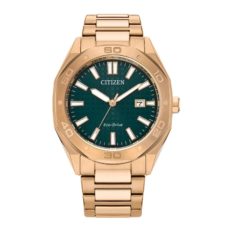 watches for men with minimalist designs and durable bands -Citizen Odyn with 41MM Green Dial Rosetone Stainless Steel Bracelet. BM7633-81X