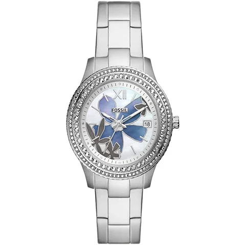 watches for women with gemstone accents and sparkling bezels -Fossil Women's Stella Three-Hand Date Stainless Steel Bracelet Watch - Silver ES5191